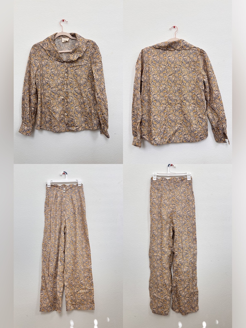 Maria de la Orden Yellow Blue Floral Paisley Cotton Top Pants Set Small